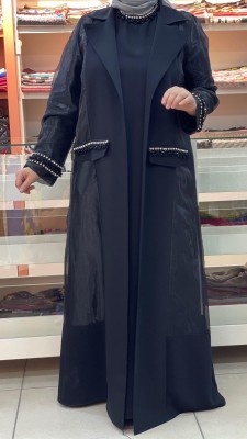  - Cepleri Taş İşlemeli Organze Abaya Siyah/6052