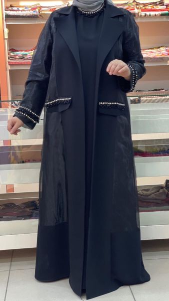 Cepleri Taş İşlemeli Organze Abaya Siyah/6052