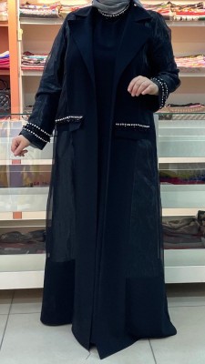 Cepleri Taş İşlemeli Organze Abaya Siyah/6052 - Thumbnail