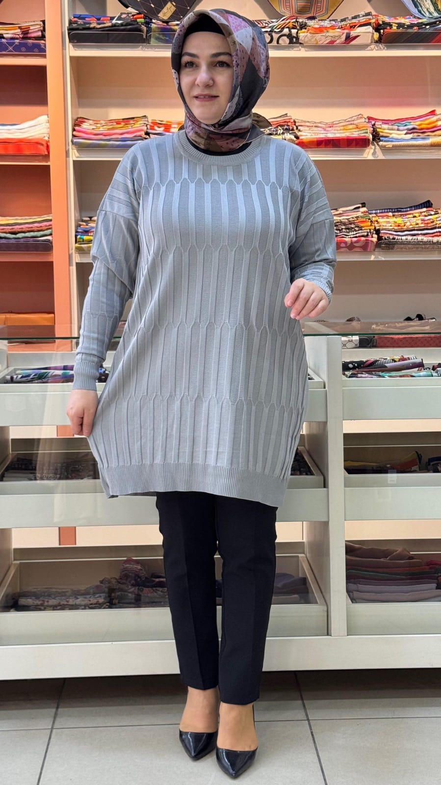 inza moda - Desenli Triko Tunik Gri/10132