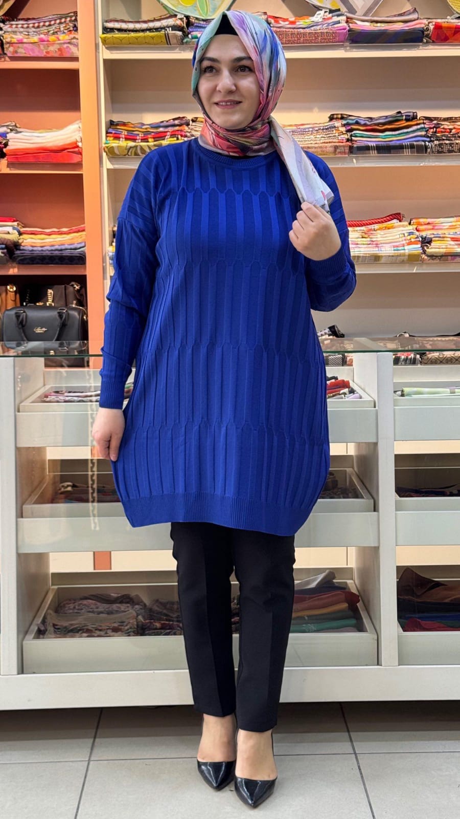 inza moda - Desenli Triko Tunik Saks/10132