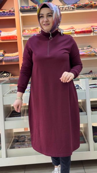 Dik Yaka Fermuarlı Tunik Bordo/7568