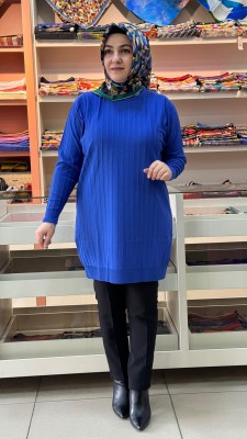 inza moda - Kendinden Çizgili Triko Tunik Saks/31014