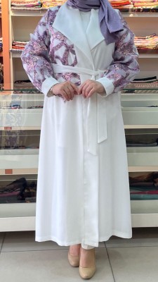 Ayda - Kolları Desenli Broş Detaylı Abaya Ekru/6051