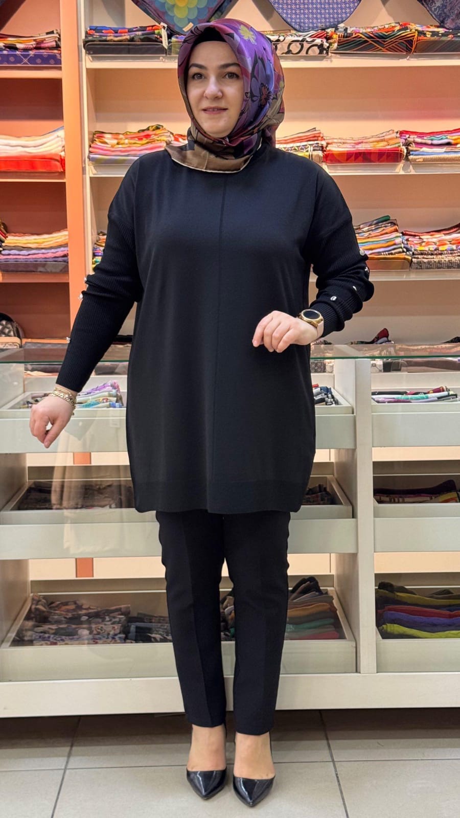 inza moda - Kolları Düğme Detaylı Basic Triko Tunik Siyah/24280