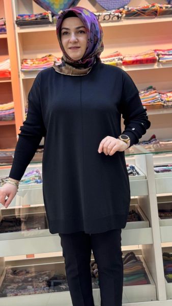 Kolları Düğme Detaylı Basic Triko Tunik Siyah/24280