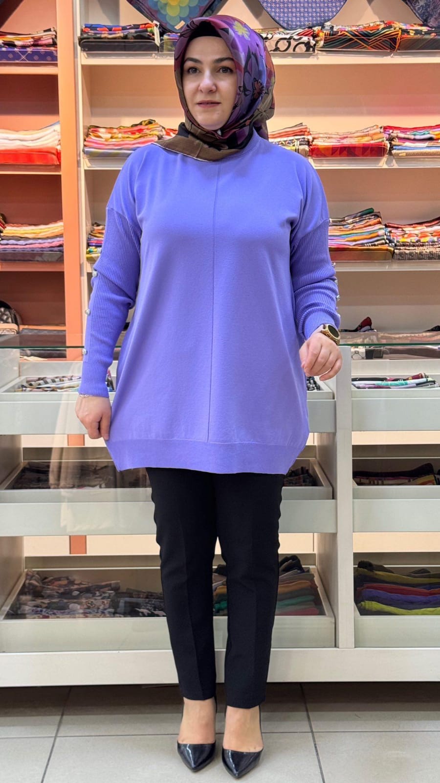 inza moda - Kolları Düğme Detaylı Basic Triko Tunik Lila/24280