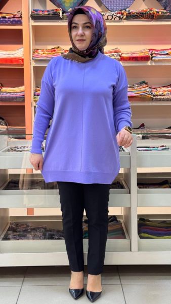 Kolları Düğme Detaylı Basic Triko Tunik Lila/24280