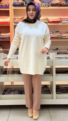 inza moda - Kolları Düğme Detaylı Basic Triko Tunik Ekru/24280