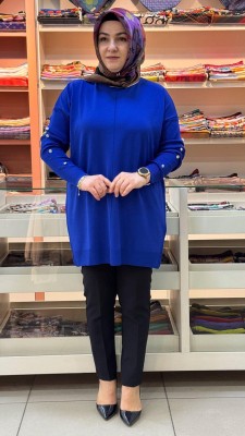 inza moda - Kolları Düğme Detaylı Basic Triko Tunik Saks/24280