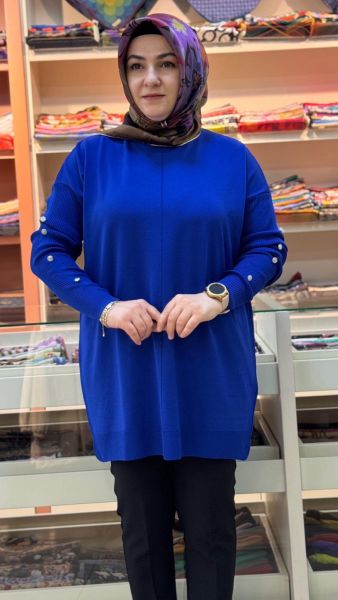 Kolları Düğme Detaylı Basic Triko Tunik Saks/24280