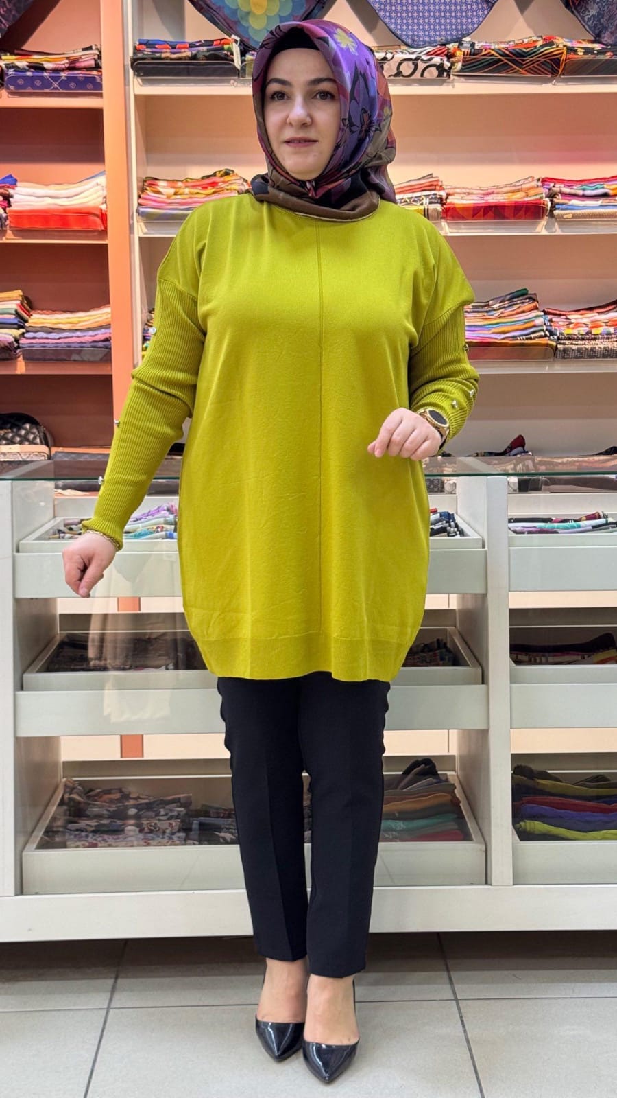 inza moda - Kolları Düğme Detaylı Basic Triko Tunik Yağ Yeşili/24280